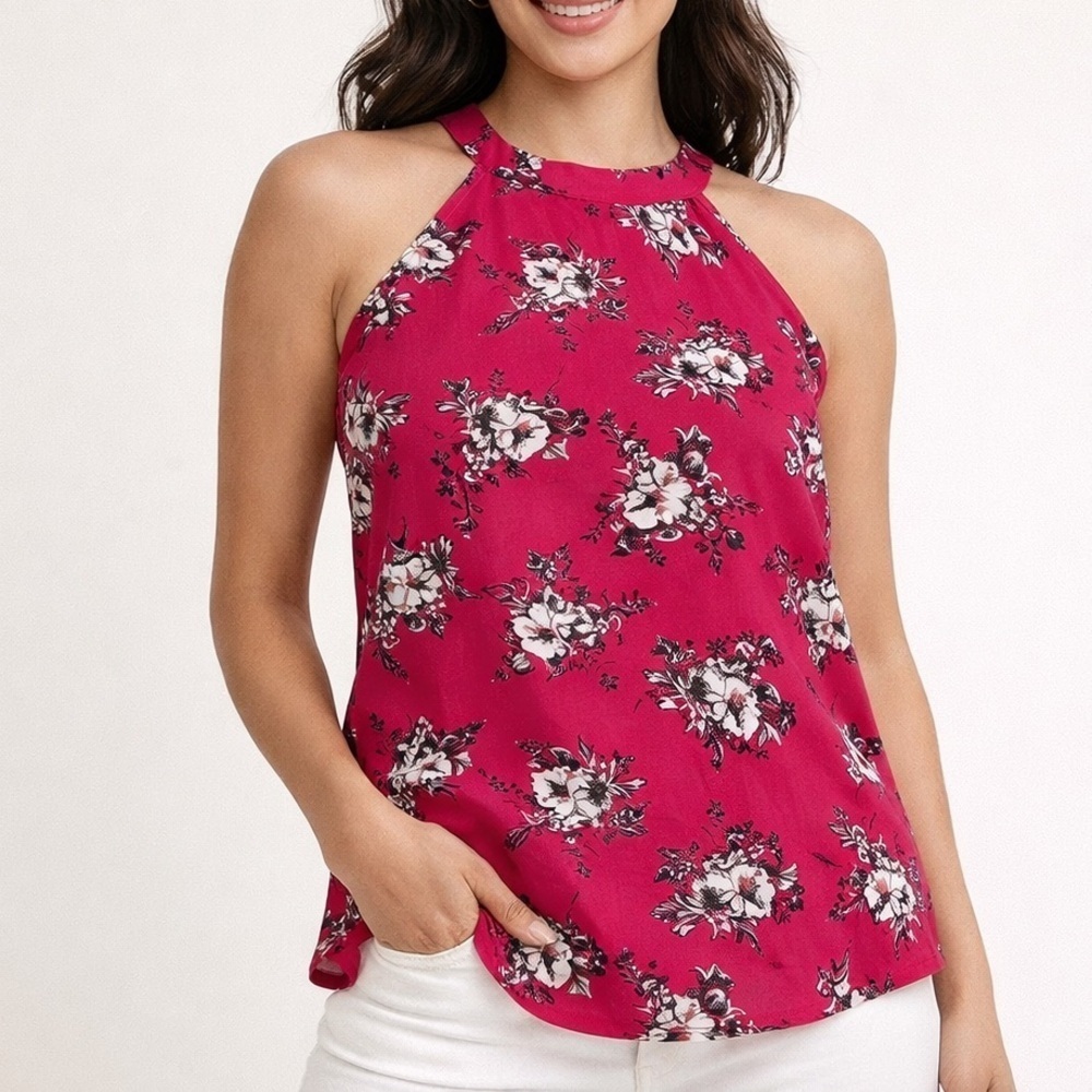 Charming Charlie Pink Floral Halter Blouse | Sleeveless Keyhole Top Small